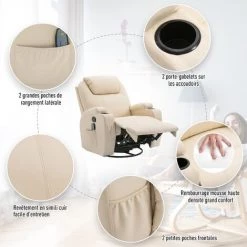 HOMCOM Fauteuil De Relaxation Massant Chauffant Et Vibrant Inclinable Pivotant à 360° Revêtement Synthétique 84L X 94l X 109Hcm Beige 10 HOMCOM Fauteuil De Relaxation Massant Chauffant Et Vibrant Inclinable Pivotant à 360° Revêtement Synthétique 84L X 94l X 109Hcm Beige -France HOMCOM Soldes 2022 24060721 4