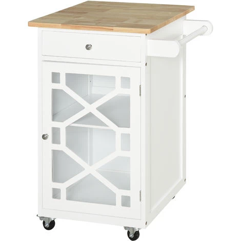 HOMCOM Chariot De Service - Desserte De Cuisine à Roulettes - Tiroir, Placard, Porte-serviette - Dim. 63L X 45l X 86H Cm - Plateau Bois Caoutchouc Structure MDF Blanc - Blanc 3 HOMCOM Chariot De Service - Desserte De Cuisine à Roulettes - Tiroir, Placard, Porte-serviette - Dim. 63L X 45l X 86H Cm - Plateau Bois Caoutchouc Structure MDF Blanc - Blanc