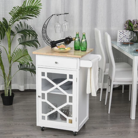 HOMCOM Chariot De Service - Desserte De Cuisine à Roulettes - Tiroir, Placard, Porte-serviette - Dim. 63L X 45l X 86H Cm - Plateau Bois Caoutchouc Structure MDF Blanc - Blanc 4 HOMCOM Chariot De Service - Desserte De Cuisine à Roulettes - Tiroir, Placard, Porte-serviette - Dim. 63L X 45l X 86H Cm - Plateau Bois Caoutchouc Structure MDF Blanc - Blanc – Image 2