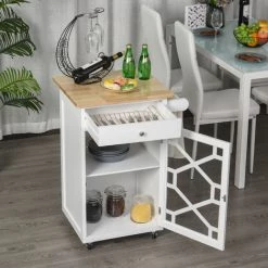 HOMCOM Chariot De Service - Desserte De Cuisine à Roulettes - Tiroir, Placard, Porte-serviette - Dim. 63L X 45l X 86H Cm - Plateau Bois Caoutchouc Structure MDF Blanc - Blanc 10 HOMCOM Chariot De Service - Desserte De Cuisine à Roulettes - Tiroir, Placard, Porte-serviette - Dim. 63L X 45l X 86H Cm - Plateau Bois Caoutchouc Structure MDF Blanc - Blanc -France HOMCOM Soldes 2022 24232730 4
