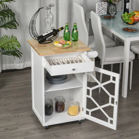 HOMCOM Chariot De Service - Desserte De Cuisine à Roulettes - Tiroir, Placard, Porte-serviette - Dim. 63L X 45l X 86H Cm - Plateau Bois Caoutchouc Structure MDF Blanc - Blanc 6 HOMCOM Chariot De Service - Desserte De Cuisine à Roulettes - Tiroir, Placard, Porte-serviette - Dim. 63L X 45l X 86H Cm - Plateau Bois Caoutchouc Structure MDF Blanc - Blanc – Image 4