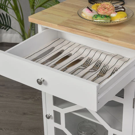 HOMCOM Chariot De Service - Desserte De Cuisine à Roulettes - Tiroir, Placard, Porte-serviette - Dim. 63L X 45l X 86H Cm - Plateau Bois Caoutchouc Structure MDF Blanc - Blanc 7 HOMCOM Chariot De Service - Desserte De Cuisine à Roulettes - Tiroir, Placard, Porte-serviette - Dim. 63L X 45l X 86H Cm - Plateau Bois Caoutchouc Structure MDF Blanc - Blanc – Image 5
