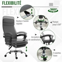 HOMCOM Fauteuil De Bureau Manager Dossier Inclinable Hauteur Réglable Roulettes Pivotantes Repose-pied Appui-tête Polyester Gris - Gris -France HOMCOM Soldes 2022 24713927 5