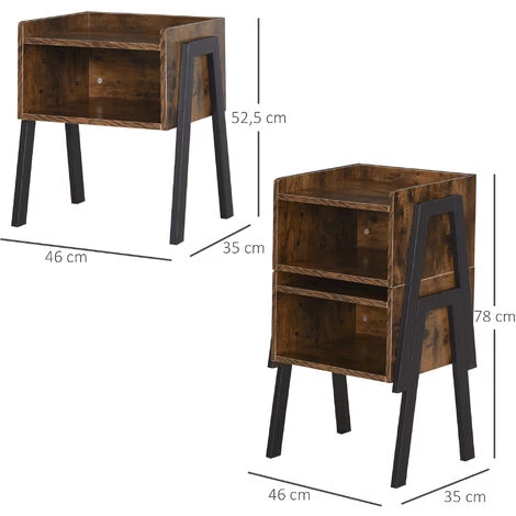 HOMCOM Tables De Chevet Style Industriel - Lot De 2 Tables De Nuit - Meubles Empilables - Panneaux Particules Aspect Vieux Bois Métal Noir - Marron 5 HOMCOM Tables De Chevet Style Industriel - Lot De 2 Tables De Nuit - Meubles Empilables - Panneaux Particules Aspect Vieux Bois Métal Noir - Marron – Image 3