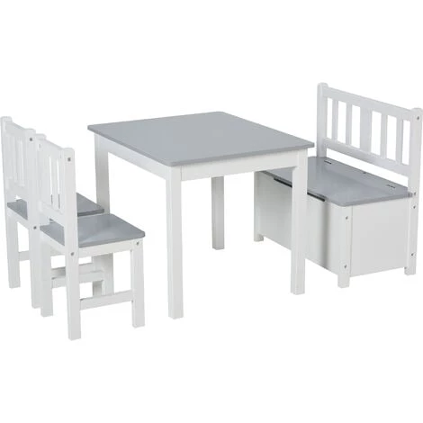 HOMCOM Ensemble De Table Et Chaises Enfant - Set De 4 Pièces - Table, 2 Chaises, Banc Coffre 2 En 1 - MDF Pin Blanc Gris 3 HOMCOM Ensemble De Table Et Chaises Enfant - Set De 4 Pièces - Table, 2 Chaises, Banc Coffre 2 En 1 - MDF Pin Blanc Gris