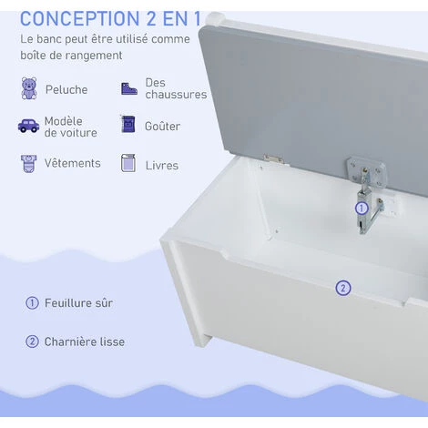 HOMCOM Ensemble De Table Et Chaises Enfant - Set De 4 Pièces - Table, 2 Chaises, Banc Coffre 2 En 1 - MDF Pin Blanc Gris 4 HOMCOM Ensemble De Table Et Chaises Enfant - Set De 4 Pièces - Table, 2 Chaises, Banc Coffre 2 En 1 - MDF Pin Blanc Gris – Image 2