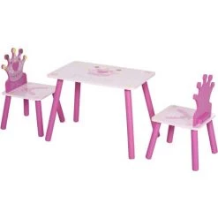 HOMCOM Ensemble Table Et Chaises Enfant Design Princesse Motif Couronne Bois Pin MDF Rose