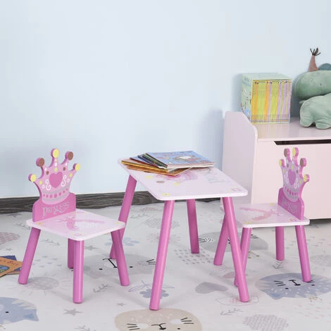 HOMCOM Ensemble Table Et Chaises Enfant Design Princesse Motif Couronne Bois Pin MDF Rose 4 HOMCOM Ensemble Table Et Chaises Enfant Design Princesse Motif Couronne Bois Pin MDF Rose – Image 2