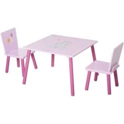 HOMCOM Ensemble Table Et Chaises Enfant Design Princesse Motif Château Bois Pin MDF Rose