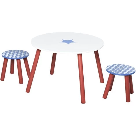 HOMCOM Ensemble Table Et Chaises Enfant - Table Ronde + 2 Tabourets - Motif étoilé - Bois Pin MDF Bleu Blanc 3 HOMCOM Ensemble Table Et Chaises Enfant - Table Ronde + 2 Tabourets - Motif étoilé - Bois Pin MDF Bleu Blanc