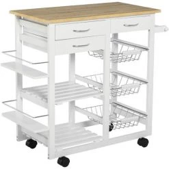 HOMCOM Chariot De Service Desserte De Cuisine à Roulettes Multi-rangements 92L X 37l X 82H Cm MDF Imitation Chêne Clair Pin Blanc - Blanc
