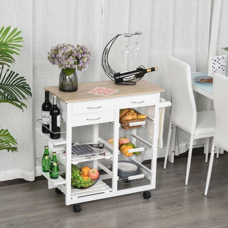 HOMCOM Chariot De Service Desserte De Cuisine à Roulettes Multi-rangements 92L X 37l X 82H Cm MDF Imitation Chêne Clair Pin Blanc - Blanc 4 HOMCOM Chariot De Service Desserte De Cuisine à Roulettes Multi-rangements 92L X 37l X 82H Cm MDF Imitation Chêne Clair Pin Blanc - Blanc – Image 2