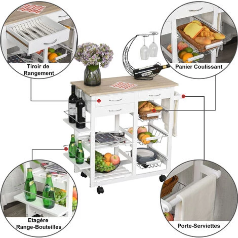HOMCOM Chariot De Service Desserte De Cuisine à Roulettes Multi-rangements 92L X 37l X 82H Cm MDF Imitation Chêne Clair Pin Blanc - Blanc 6 HOMCOM Chariot De Service Desserte De Cuisine à Roulettes Multi-rangements 92L X 37l X 82H Cm MDF Imitation Chêne Clair Pin Blanc - Blanc – Image 4
