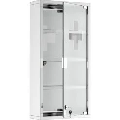 HOMCOM Armoire à Pharmacie 3 étagères 4 Niveaux 30L X 12l X 60H Cm Porte Verre Trempé Symbole Croix Acier Inoxydable Brossé