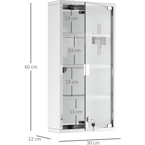 HOMCOM Armoire à Pharmacie 3 étagères 4 Niveaux 30L X 12l X 60H Cm Porte Verre Trempé Symbole Croix Acier Inoxydable Brossé 5 HOMCOM Armoire à Pharmacie 3 étagères 4 Niveaux 30L X 12l X 60H Cm Porte Verre Trempé Symbole Croix Acier Inoxydable Brossé – Image 3