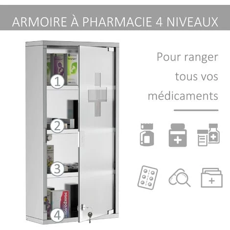 HOMCOM Armoire à Pharmacie 3 étagères 4 Niveaux 30L X 12l X 60H Cm Porte Verre Trempé Symbole Croix Acier Inoxydable Brossé 6 HOMCOM Armoire à Pharmacie 3 étagères 4 Niveaux 30L X 12l X 60H Cm Porte Verre Trempé Symbole Croix Acier Inoxydable Brossé – Image 4