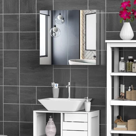 HOMCOM Armoire Miroir Rangement Toilette Salle De Bain Meuble Mural Dim. 60L X 12l X 55H Cm Acier Inox. 4 HOMCOM Armoire Miroir Rangement Toilette Salle De Bain Meuble Mural Dim. 60L X 12l X 55H Cm Acier Inox. – Image 2
