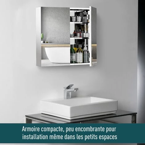 HOMCOM Armoire Miroir Rangement Toilette Salle De Bain Meuble Mural Dim. 60L X 12l X 55H Cm Acier Inox. 6 HOMCOM Armoire Miroir Rangement Toilette Salle De Bain Meuble Mural Dim. 60L X 12l X 55H Cm Acier Inox. – Image 4