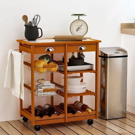 HOMCOM Chariot De Service Desserte à Roulettes Multi-rangements Tiroirs Paniers étagères Range Bouteilles Bois De Pin 4 HOMCOM Chariot De Service Desserte à Roulettes Multi-rangements Tiroirs Paniers étagères Range Bouteilles Bois De Pin – Image 2