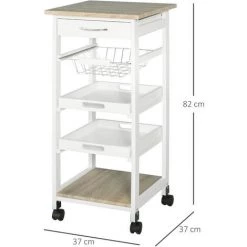 HOMCOM Chariot De Service Desserte De Cuisine à Roulettes Panier + 2 Plateaux Amovibles, Tiroir, étagère MDF Chêne Clair Bois Pin Blanc - Blanc -France HOMCOM Soldes 2022 25007044 3