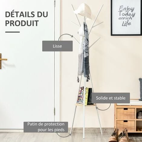 HOMCOM Porte-manteau Trépied Design Contemporain Branches étagère + 9 Patères Dim. 45L X 45l X 180H Cm Métal Gris Clair - Gris 7 HOMCOM Porte-manteau Trépied Design Contemporain Branches étagère + 9 Patères Dim. 45L X 45l X 180H Cm Métal Gris Clair - Gris – Image 5