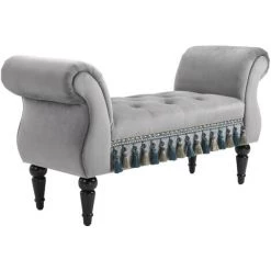 HOMCOM Banc Banquette Capitonnée Design Accoudoirs Courbés Pompons Pieds Bois Hévéa Revêtement Velours Gris - Gris