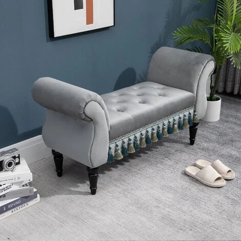 HOMCOM Banc Banquette Capitonnée Design Accoudoirs Courbés Pompons Pieds Bois Hévéa Revêtement Velours Gris - Gris 4 HOMCOM Banc Banquette Capitonnée Design Accoudoirs Courbés Pompons Pieds Bois Hévéa Revêtement Velours Gris - Gris – Image 2