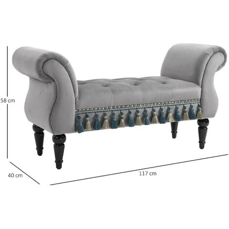 HOMCOM Banc Banquette Capitonnée Design Accoudoirs Courbés Pompons Pieds Bois Hévéa Revêtement Velours Gris - Gris 5 HOMCOM Banc Banquette Capitonnée Design Accoudoirs Courbés Pompons Pieds Bois Hévéa Revêtement Velours Gris - Gris – Image 3