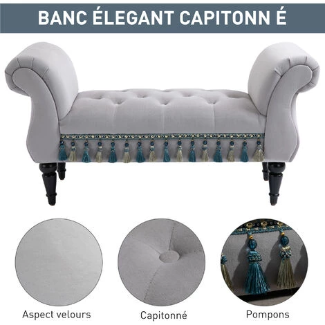 HOMCOM Banc Banquette Capitonnée Design Accoudoirs Courbés Pompons Pieds Bois Hévéa Revêtement Velours Gris - Gris 6 HOMCOM Banc Banquette Capitonnée Design Accoudoirs Courbés Pompons Pieds Bois Hévéa Revêtement Velours Gris - Gris – Image 4