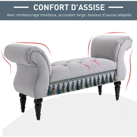 HOMCOM Banc Banquette Capitonnée Design Accoudoirs Courbés Pompons Pieds Bois Hévéa Revêtement Velours Gris - Gris 7 HOMCOM Banc Banquette Capitonnée Design Accoudoirs Courbés Pompons Pieds Bois Hévéa Revêtement Velours Gris - Gris – Image 5