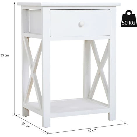 HOMCOM Table De Chevet Table De Nuit Style Cosy Avec Croix Latérales Tiroir Et étagère Bois Et MDF Blanc 5 HOMCOM Table De Chevet Table De Nuit Style Cosy Avec Croix Latérales Tiroir Et étagère Bois Et MDF Blanc – Image 3