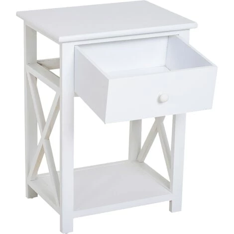 HOMCOM Table De Chevet Table De Nuit Style Cosy Avec Croix Latérales Tiroir Et étagère Bois Et MDF Blanc 6 HOMCOM Table De Chevet Table De Nuit Style Cosy Avec Croix Latérales Tiroir Et étagère Bois Et MDF Blanc – Image 4