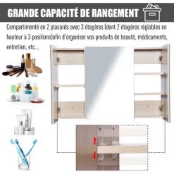 HOMCOM Armoire Murale Miroir Salle De Bain 3 Portes 3 étagères Dim. 90L X 14l X 60H Cm Panneaux Particules Chêne Clair -France HOMCOM Soldes 2022 25007200 5