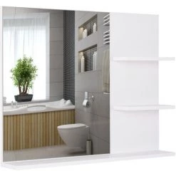 HOMCOM Miroir De Salle De Bain Avec étagères - 2 étagères Latérales + Grande étagère Inférieure - Kit Installation Fourni - MDF Blanc - Blanc