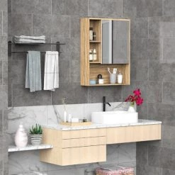 HOMCOM Armoire Murale De Rangement Salle De Bain Avec Porte Miroir Couleur Bois De Chêne Dim. 60L X 15l X H76 Cm -France HOMCOM Soldes 2022 25007223 2