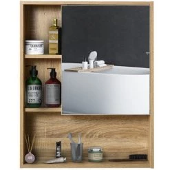 HOMCOM Armoire Murale De Rangement Salle De Bain Avec Porte Miroir Couleur Bois De Chêne Dim. 60L X 15l X H76 Cm -France HOMCOM Soldes 2022 25007223 5
