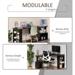 HOMCOM Bureau Informatique Multimédia Modulable Bibliothèque Intégrée + étagère 3 Niveaux Panneaux Particules Noir - Noir -France HOMCOM Soldes 2022 25007263 4