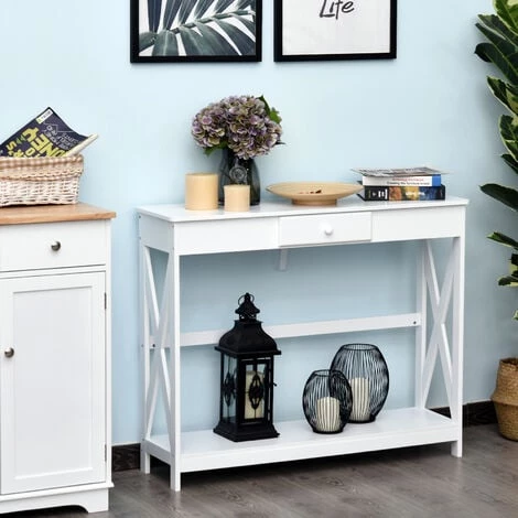 HOMCOM Console Style Table De Drapier Néo-rétro Tiroir + étagère Dim. 100L X 30l X 81H Cm MDF Blanc 4 HOMCOM Console Style Table De Drapier Néo-rétro Tiroir + étagère Dim. 100L X 30l X 81H Cm MDF Blanc – Image 2