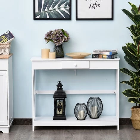 HOMCOM Console Style Table De Drapier Néo-rétro Tiroir + étagère Dim. 100L X 30l X 81H Cm MDF Blanc 6 HOMCOM Console Style Table De Drapier Néo-rétro Tiroir + étagère Dim. 100L X 30l X 81H Cm MDF Blanc – Image 4