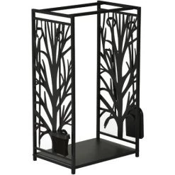 HOMCOM Serviteur De Cheminée Arbre - Porte Bûches - Range Bûches Multi Accessoires étagère 46L X 29l X 70H Cm Acier Noir - Noir