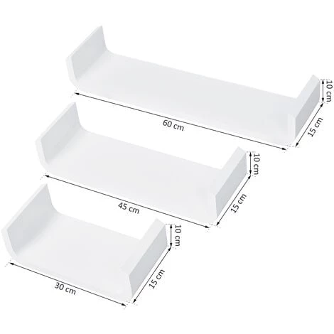 HOMCOM Lot De 3 étagères Murales Flottantes Design Contemporain Courbé Kit Fixation Inclus MDF Blanc - Blanc 5 HOMCOM Lot De 3 étagères Murales Flottantes Design Contemporain Courbé Kit Fixation Inclus MDF Blanc - Blanc – Image 3