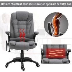 HOMCOM Fauteuil De Bureau Direction Massant Chauffant Hauteur Réglable Dossier Inclinable Toile De Lin Gris Chiné -France HOMCOM Soldes 2022 25007606 5