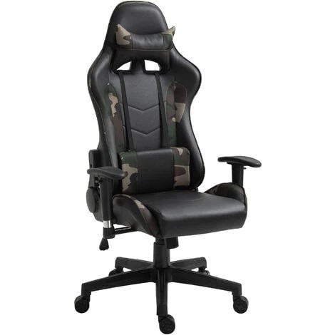 HOMCOM Fauteuil Gaming Militaire - Chaise Gamer - Inclinable, Hauteur Réglable Assise, Accoudoirs, Pivotant - Coussin Lombaires Massant, Tétière - Revêtement Synthétique Noir Vert - Vert 3 HOMCOM Fauteuil Gaming Militaire - Chaise Gamer - Inclinable, Hauteur Réglable Assise, Accoudoirs, Pivotant - Coussin Lombaires Massant, Tétière - Revêtement Synthétique Noir Vert - Vert