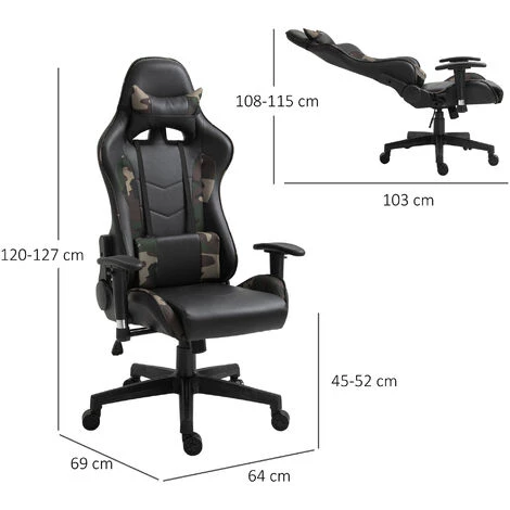 HOMCOM Fauteuil Gaming Militaire - Chaise Gamer - Inclinable, Hauteur Réglable Assise, Accoudoirs, Pivotant - Coussin Lombaires Massant, Tétière - Revêtement Synthétique Noir Vert - Vert 5 HOMCOM Fauteuil Gaming Militaire - Chaise Gamer - Inclinable, Hauteur Réglable Assise, Accoudoirs, Pivotant - Coussin Lombaires Massant, Tétière - Revêtement Synthétique Noir Vert - Vert – Image 3