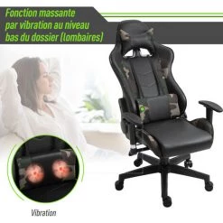 HOMCOM Fauteuil Gaming Militaire - Chaise Gamer - Inclinable, Hauteur Réglable Assise, Accoudoirs, Pivotant - Coussin Lombaires Massant, Tétière - Revêtement Synthétique Noir Vert - Vert 10 HOMCOM Fauteuil Gaming Militaire - Chaise Gamer - Inclinable, Hauteur Réglable Assise, Accoudoirs, Pivotant - Coussin Lombaires Massant, Tétière - Revêtement Synthétique Noir Vert - Vert -France HOMCOM Soldes 2022 25007609 4