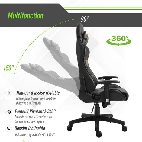 HOMCOM Fauteuil Gaming Militaire - Chaise Gamer - Inclinable, Hauteur Réglable Assise, Accoudoirs, Pivotant - Coussin Lombaires Massant, Tétière - Revêtement Synthétique Noir Vert - Vert 7 HOMCOM Fauteuil Gaming Militaire - Chaise Gamer - Inclinable, Hauteur Réglable Assise, Accoudoirs, Pivotant - Coussin Lombaires Massant, Tétière - Revêtement Synthétique Noir Vert - Vert – Image 5