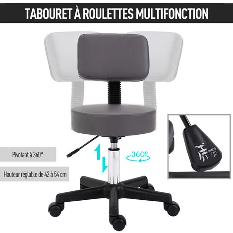 HOMCOM Tabouret Massage à Roulettes Réglable En Hauteur Pivotant Dossier Ergonomique Gris 6 HOMCOM Tabouret Massage à Roulettes Réglable En Hauteur Pivotant Dossier Ergonomique Gris – Image 4