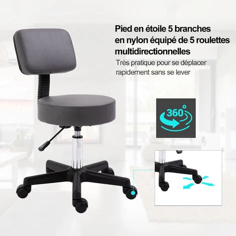 HOMCOM Tabouret Massage à Roulettes Réglable En Hauteur Pivotant Dossier Ergonomique Gris 7 HOMCOM Tabouret Massage à Roulettes Réglable En Hauteur Pivotant Dossier Ergonomique Gris – Image 5