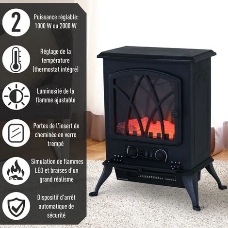 HOMCOM Cheminée électrique Poêle Style Rétro Thermostat 1000-2000 W Noir 7 HOMCOM Cheminée électrique Poêle Style Rétro Thermostat 1000-2000 W Noir – Image 5
