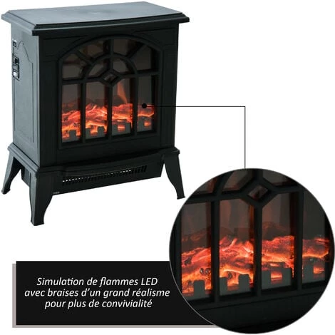 HOMCOM Cheminée électrique Poêle Style Rétro 900-1800 W Simulation Flammes LED Porte Noir - Noir 6 HOMCOM Cheminée électrique Poêle Style Rétro 900-1800 W Simulation Flammes LED Porte Noir - Noir – Image 4